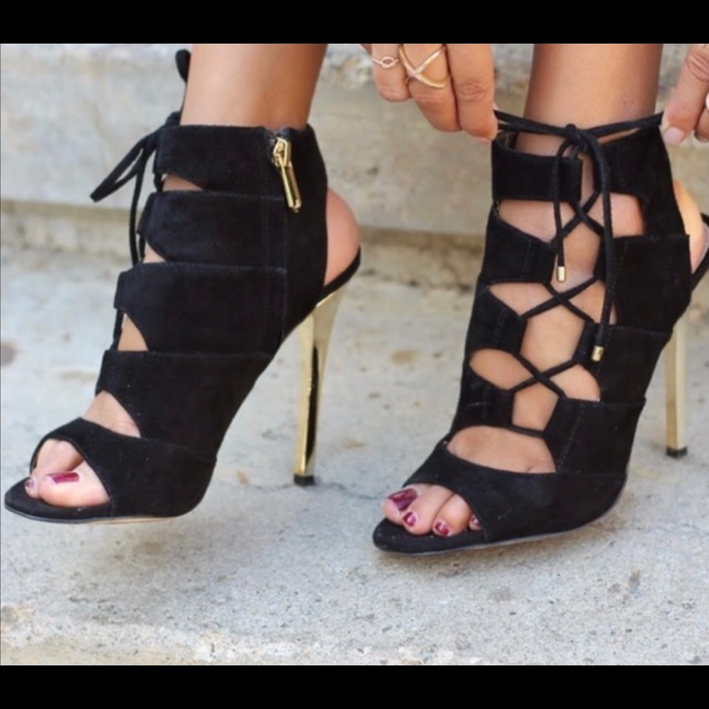 Sam Edelman Black Palma Suede Caged Sandal with Gold Heel 8